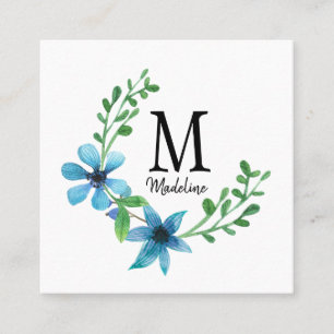 Customizable Floral Monogram Pretty Blue Flowers Square Business Card