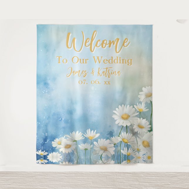 Customizable Floral Watercolor Wedding Backdrop Tapestry (Front)