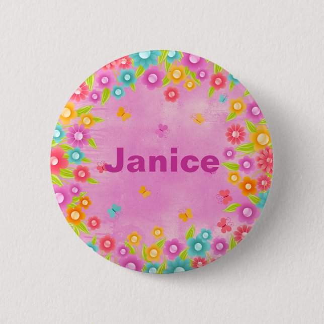 Customizable Flower Butterfly Name 2 Inch Round Button (Front)