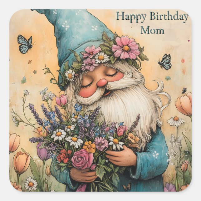 Customizable Flower Gnome Illustration Square Sticker (Front)