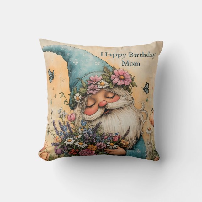 Customizable Flower Gnome Illustration Throw Pillow (Front)