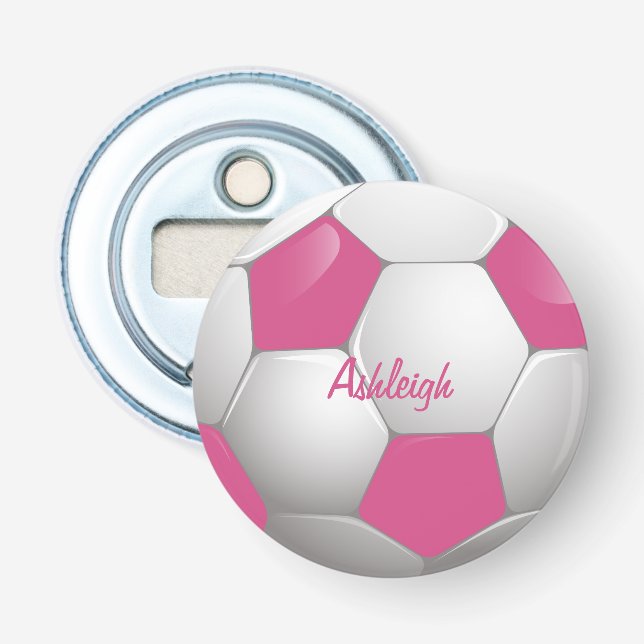 Customizable Football Soccer Ball Pink and White Bottle Opener (Front)