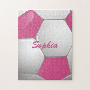 Customizable Football Soccer Ball Pink and White Jigsaw Puzzle
