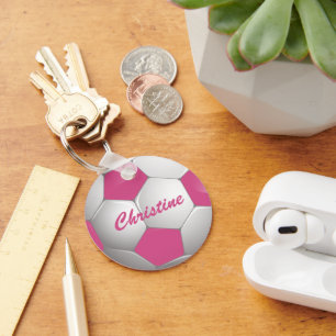 Customizable Football Soccer Ball Pink and White Keychain