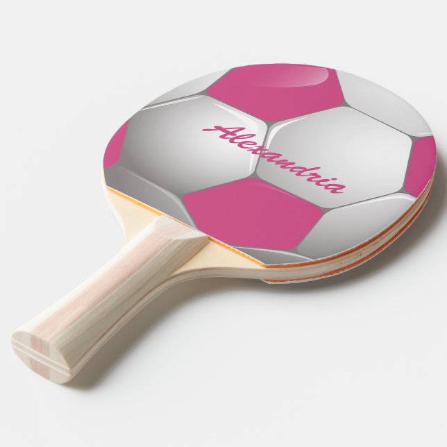 Customizable Football Soccer Ball Pink and White Ping Pong Paddle (Front Angle)