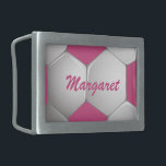Customizable Football Soccer Ball Pink and White Rectangular Belt Buckle<br><div class="desc">A rectangle belt buckle with a fun sports design for the girl or woman who is a keen soccer player or soccer fan. It features a pink and white football or soccer ball with coordinating pink customizable text for their name. Other colour combinations are available in our store and we...</div>