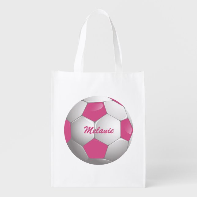 Customizable Football Soccer Ball Pink and White Reusable Grocery Bag (Front)
