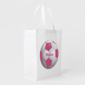 Customizable Football Soccer Ball Pink and White Reusable Grocery Bag (Back Side)