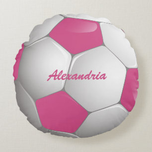 Customizable Football Soccer Ball Pink and White Round Pillow