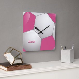 Customizable Football Soccer Ball Pink and White Square Wall Clock