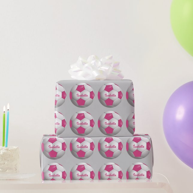 Customizable Football Soccer Ball Pink and White Wrapping Paper (Party Gifts)