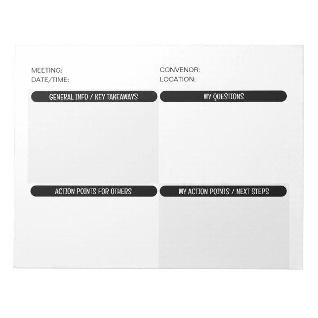 Customizable Four Part MEETING NOTES Notepad (Front)