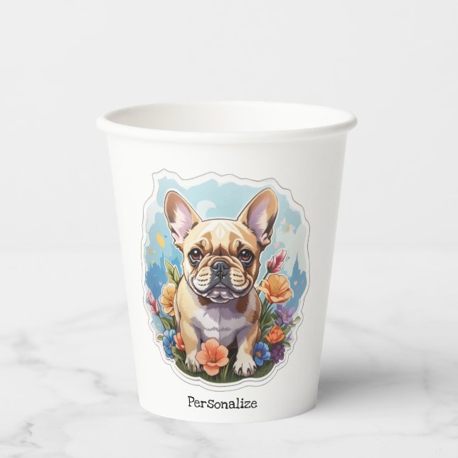 Customizable frenchie at the garden paper cups (Front)
