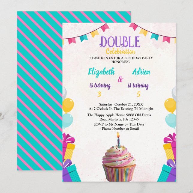  Customizable & Fun Colourful Kids Double  Birthda Invitation (Front/Back)