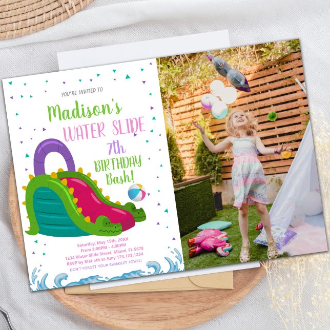 Customizable Fun Party Invitations for Kids (Green Pink Water Slide Birthday Invitations photo)