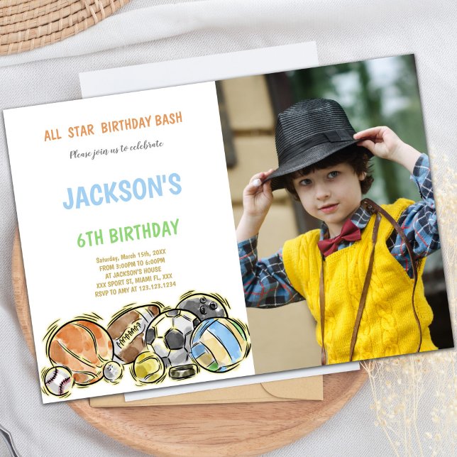 Customizable Fun Party Invitations for Kids (Watercolor shake Sports Birthday Invitations photo)