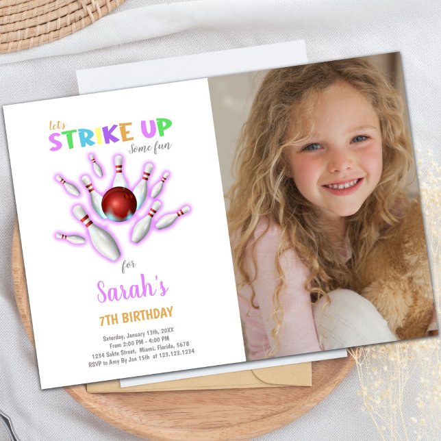 Customizable Fun Party Invitations for Kids (White Bowling Birthday Invitations with photo)