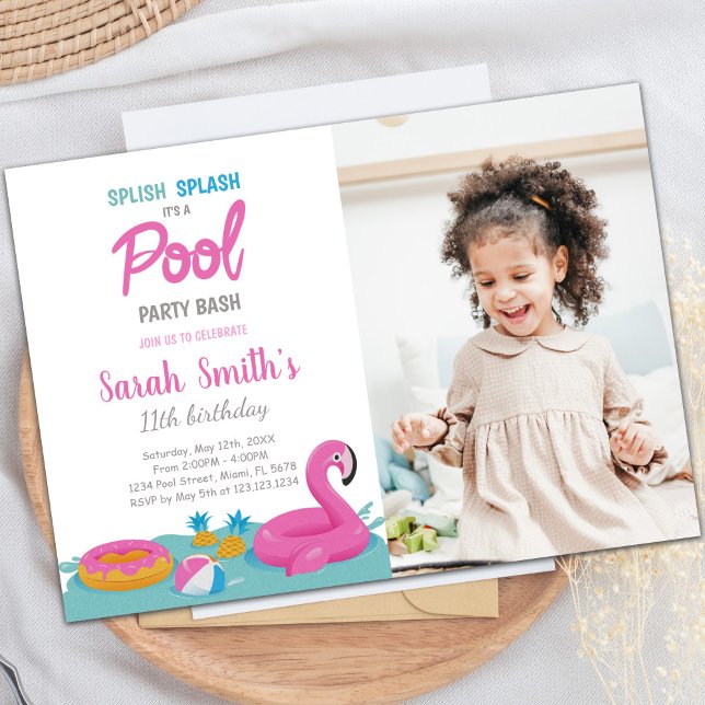 Customizable Fun Pool Party Invitations for Kids (Pink Flamingo Pool Birthday Invitations with photo)