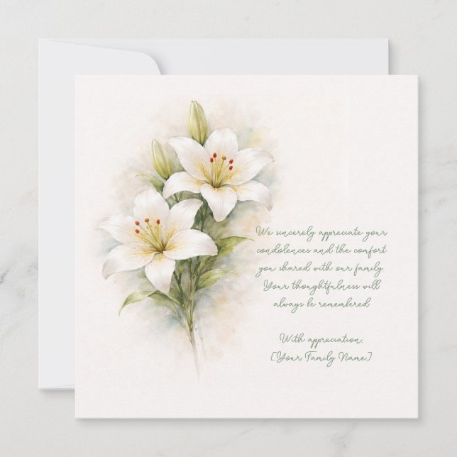 Customizable Funeral White Lily Thank You Card (Front)