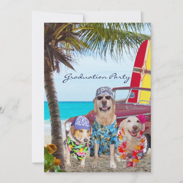 Customizable Funny Dogs Graduation Beach Party Invitation (Front)