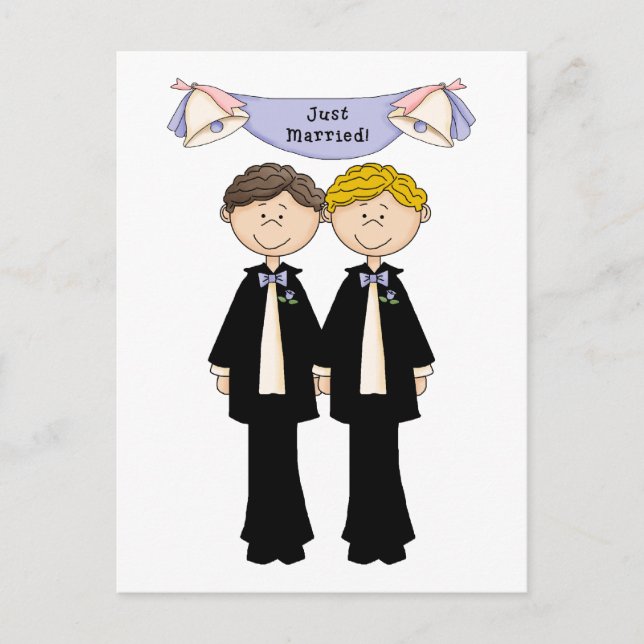Customizable Gay Male Just Married Wedding Announcement Postcard (Front)
