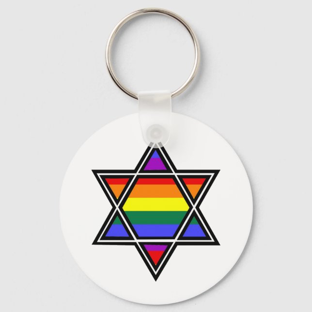 Customizable Gay Pride Rainbow Star of David Keychain (Front)
