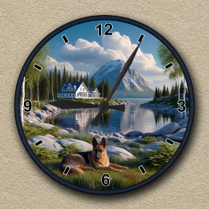 Customizable German Shepherd Lakeside Landscape Round Clock