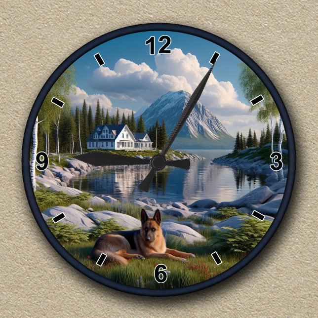 Customizable German Shepherd Lakeside Landscape Round Clock (Creator Uploaded)