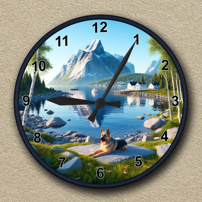 Customizable German Shepherd Lakeside Landscape Round Clock (Creator Uploaded)