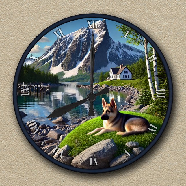 Customizable German Shepherd Lakeside Landscape Round Clock (Creator Uploaded)