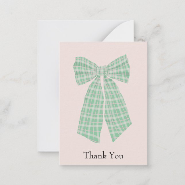 Customizable Gingham Coquette Bow Blush Thank You Card (Front)
