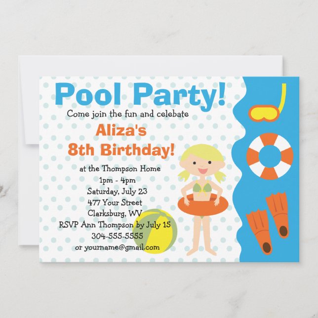 Customizable Girl's Pool Party Birthday Invitation (Front)