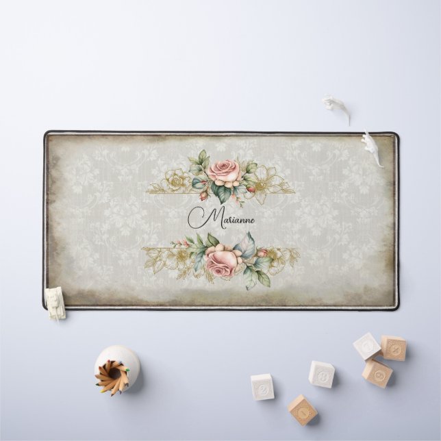 Customizable Girly Pink Vintage Roses & Damask  Desk Mat (Kids Table)
