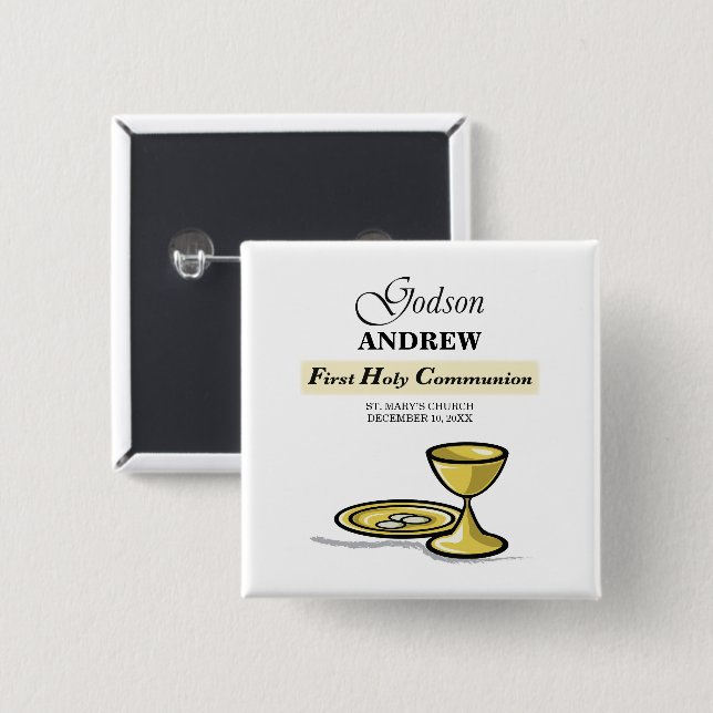 Customizable, Godson First Communion Chalice 2 Inch Square Button (Front & Back)