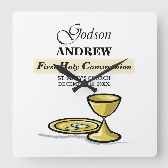 Customizable, Godson First Communion Chalice Square Wall Clock (Front)