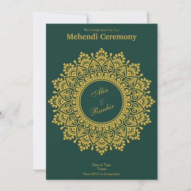 Customizable Gold Emerald Mehendi Henna Indian Invitation (Front)