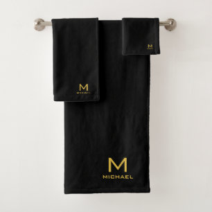 Customizable Gold Initial Monogram Name Black Bath Towel Set