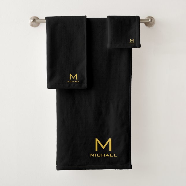 Customizable Gold Initial Monogram Name Black Bath Towel Set (Insitu)