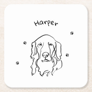 Customizable Golden Retriever Line Art Square Paper Coaster