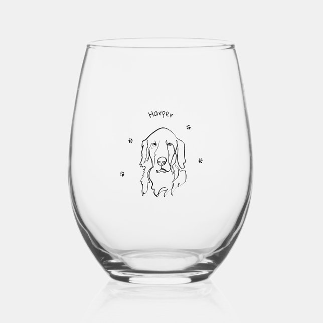 Customizable Golden Retriever Line Art Stemless Wine Glass (Front)