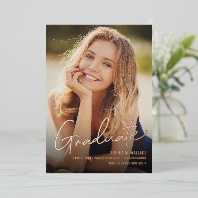 Customizable Graduate photo Class year University Foil Holiday Card (Standing Front)