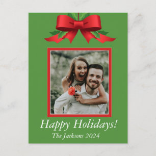Customizable Green and Red Christmas Photo Bow Holiday Postcard
