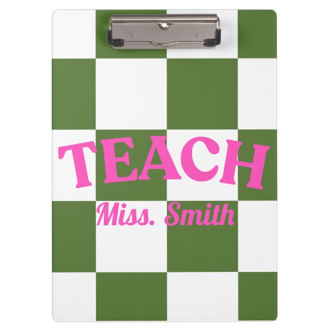 Customizable Green Chequered Teacher Clipboard  (Front)
