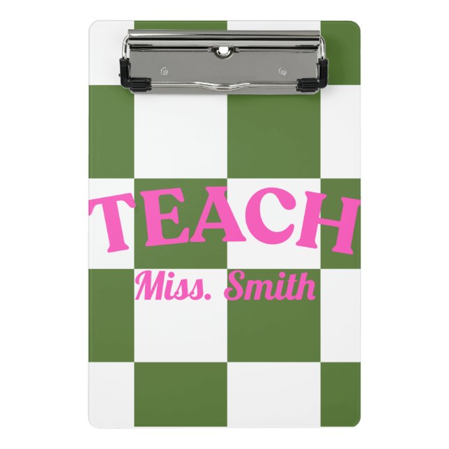 Customizable Green Chequered Teacher Clipboard  (Front)