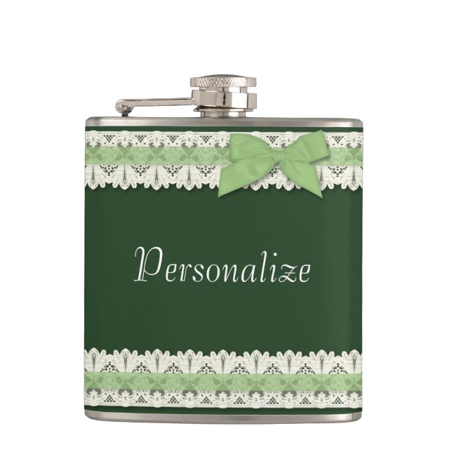 Customizable green lace ribbon bow flask (Front)