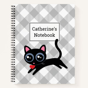 Customizable Grey Buffalo Plaid Black Kitty Cat Notebook