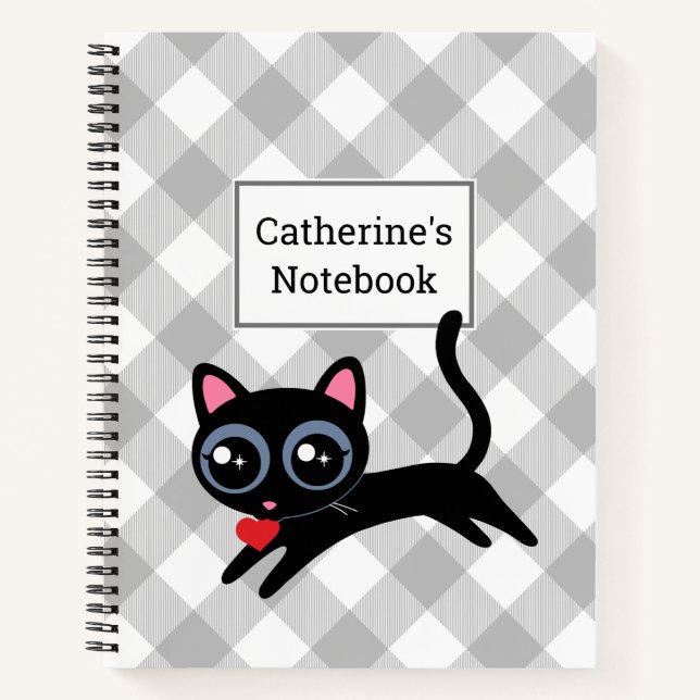 Customizable Grey Buffalo Plaid Black Kitty Cat Notebook (Front)