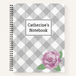 Customizable Grey Buffalo Plaid Pink Rose Notebook