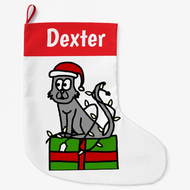 Customizable Grey Cat Large Christmas Stocking (Front)