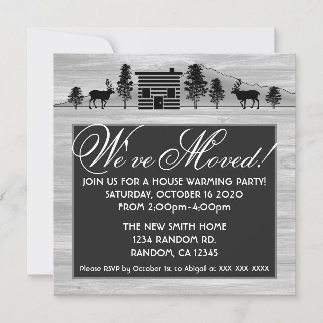 Customizable grey log cabin rustic moving invites (Front)